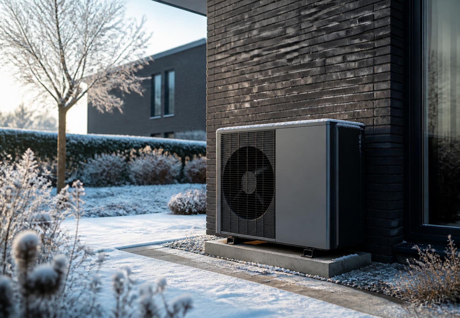 Outdoor heat pump running beside a modern home in winter