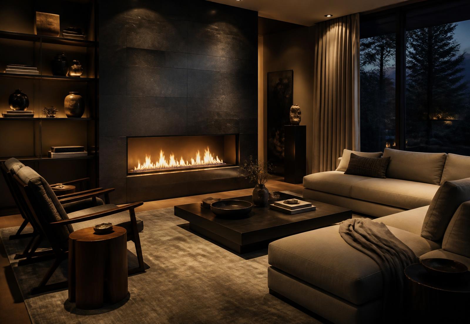 Modern linear gas fireplace in an elegant living room