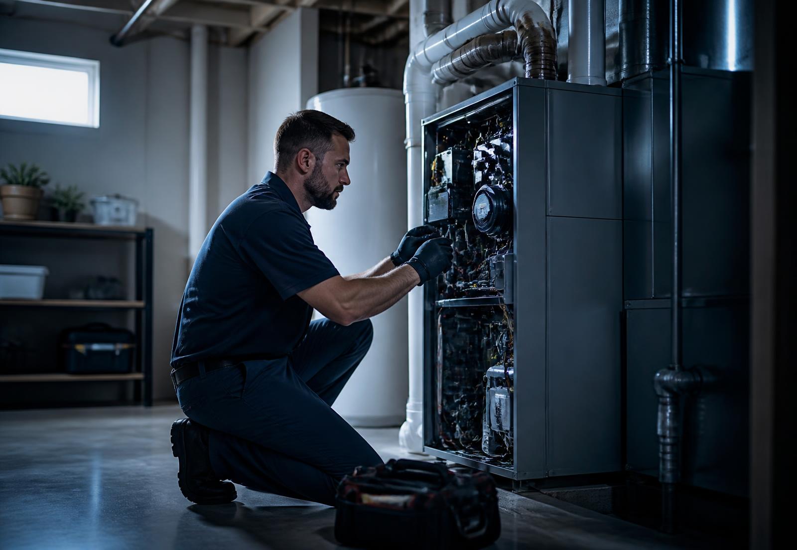 Technician servicing a high-efficiency furnace