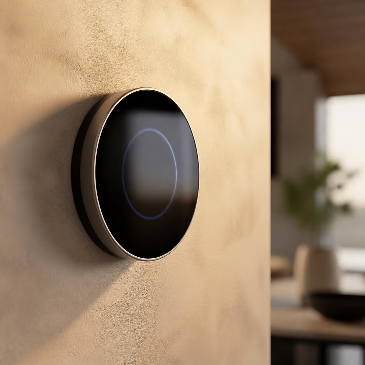 Smart thermostat mounted in a modern home